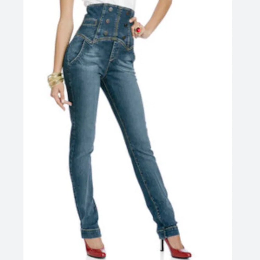 Fabulosity High-Rise Blue Jeans with Button Detail